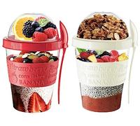VL Lot de 2 pots de yaourt réutilisables de 590 ml avec couvercle et cuillère sans BPA pour céréales Go Muesli en déplacement, passent au lave-vaisselle, boîtes à déjeuner, lot de 2 (rouge, crème)