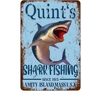 Vlacoza Quint's Shark Fishing Plaque en métal vintage peinture en fer - Décoration murale rétro pour maison, chambre à coucher, cuisine, salle de bain, ferme - 30,5 x 40,6 cm