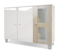 Vladon Buffet Armoire Denjo, Corps en Blanc mat - Façades en Blanc haute brillance et Chêne brut