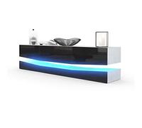 Vladon Buffet Bas City, Meuble TV avec Socle, 1 Compartiment Ouvert et 3 tiroirs, Blanc Haute Brillance/Noir Haute Brillance, éclairage LED Inclus (178 x Variable x 39 cm)