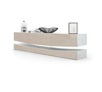 Vladon Buffet Bas City, Meuble TV avec Socle, 1 Compartiment Ouvert et 3 tiroirs, Blanc Haute Brillance/Gris Sable Haute Brillance (178 x Variable x 39 cm)