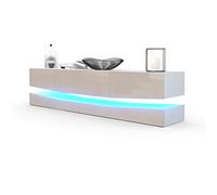 Vladon Buffet Bas City, Meuble TV avec Socle, 1 Compartiment Ouvert et 3 tiroirs, Blanc Mat/Gris Sable Haute Brillance, éclairage LED Inclus (178 x Variable x 39 cm)