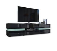 Vladon Buffet Bas Flow, Meuble TV avec vitre d’Ambiance rétroéclairée, 2 Portes, 1 tiroir et 1 clapet, Noir Mat/Noir Haute Brillance (177 x 45 x 39 cm)