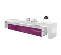 Vladon Buffet Bas Lima V2, Meuble TV avec 2 clapets, 1 Compartiment Ouvert et 2 étagères en Verre, Blanc Haute Brillance/Mûre Haute Brillance (189 x 38 x 35 cm)