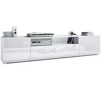 Vladon Buffet Bas Mogan, Meuble TV avec 2 Portes, 1 clapet et 1 Compartiment Ouvert, Blanc Mat/Blanc Haute Brillance (181 x 39 x 35 cm)