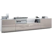 Vladon Buffet Bas Mogan, Meuble TV avec 2 Portes, 1 clapet et 1 Compartiment Ouvert, Blanc Mat/Gris Sable Haute Brillance (181 x 39 x 35 cm)