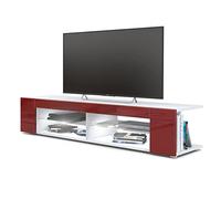 Vladon Buffet Bas Movie, Meuble TV avec 4 Compartiments Ouverts et placages décoratifs, Blanc Mat/Bordeaux Haute Brillance, éclairage LED Blanc Inclus (134 x 29 x 39 cm)