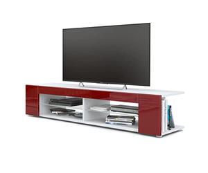 Vladon Buffet Bas Movie, Meuble TV avec 4 Compartiments Ouverts et placages décoratifs, Blanc Mat/Bordeaux Haute Brillance (134 x 29 x 39 cm)