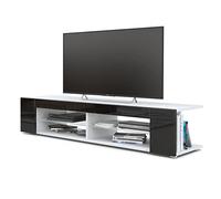 Vladon Buffet Bas Movie, Meuble TV avec 4 Compartiments Ouverts et placages décoratifs, Blanc Mat/Noir Haute Brillance (134 x 29 x 39 cm)