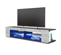 Vladon Buffet Bas Movie, Meuble TV avec 4 Compartiments Ouverts et placages décoratifs, Noir Mat/Aspect Béton Oxyde, éclairage LED Bleu Inclus (134 x 29 x 39 cm)
