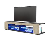 Vladon Buffet Bas Movie, Meuble TV avec 4 Compartiments Ouverts et placages décoratifs, Noir Mat/Chêne Brut, éclairage LED Bleu Inclus (134 x 29 x 39 cm)