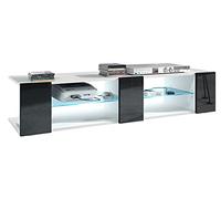 Vladon Buffet Bas Movie V2, Meuble TV avec 6 Compartiments Ouverts et placages décoratifs, Blanc Mat/Noir Haute Brillance, éclairage LED Bleu Inclus (134 x 29 x 39 cm)