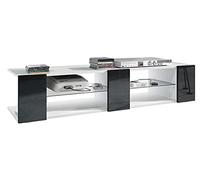 Vladon Buffet Bas Movie V2, Meuble TV avec 6 Compartiments Ouverts et placages décoratifs, Blanc Mat/Noir Haute Brillance (134 x 29 x 39 cm)