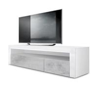 Vladon Buffet Bas Valencia, Meuble TV avec 1 Compartiment Ouvert et 2 clapets, Blanc Mat/Aspect béton oxyde/Blanc Haute Brillance (155 x 46 x 40 cm)