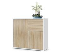 Vladon Buffet Ben, Commode avec 2 Portes et 2 tiroirs, Blanc Mat/Chêne Brut (79 x 74 x 36 cm)