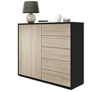 Vladon Buffet Ben V2, Commode avec 1 Portes et 5 tiroirs, Noir Mat/Chêne Brut (79 x 74 x 36 cm)