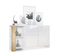Vladon Buffet Canto, Long bahut avec 2 Portes et 6 Compartiments, Corps Blanc Mat, façades Blanc Brillant, Panneaux décoratifs chêne Nature (143 x 81 x 36 cm)
