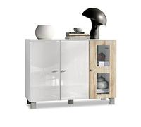 Vladon Buffet Denjo, Commode avec 3 Portes, Blanc Mat/Blanc Haute Brillance/Chêne Brut (107 x 81 x 35 cm)
