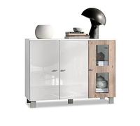Vladon Buffet Denjo, Commode avec 3 Portes, Blanc Mat/Blanc Haute Brillance/Chêne Nordique (107 x 81 x 35 cm)