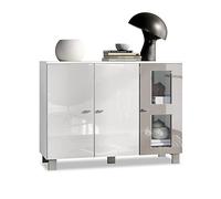 Vladon Buffet Denjo, Commode avec 3 Portes, Blanc Mat/Blanc Haute Brillance/Gris Sable Haute Brillance (107 x 81 x 35 cm)