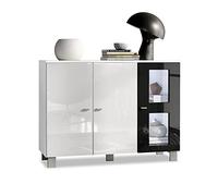 Vladon Buffet Denjo, Commode avec 3 Portes, Blanc Mat/Blanc Haute Brillance/Noir Haute Brillance, éclairage LED Inclus (107 x 81 x 35 cm)