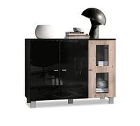 Vladon Buffet Denjo, Commode avec 3 Portes, Noir Mat/Noir Haute Brillance/Chêne Nordique (107 x 81 x 35 cm)