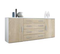 Vladon Buffet Faro V2, Commode avec 2 Portes et 4 tiroirs, Blanc Mat/chêne Brut (166 x 72 x 35 cm)
