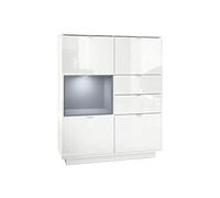 Vladon Buffet Haut Armoire Metro, Corps en Blanc Haute Brillance/Façades en Blanc Haute Brillance avec Une Insertion en Gris Haute Brillance, INCL. L'éclairage LED