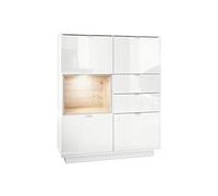 Vladon Buffet Haut Armoire Metro, Corps en Blanc Haute Brillance/Façades en Blanc Haute Brillance avec Une Insertion en Chêne Nordique, INCL. L'éclairage LED