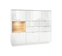 Vladon Buffet haut Armoire Metro V2 Corps en Blanc haute brillance - Façades en Blanc avec une insertion en Chêne Nature