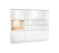 Vladon Buffet haut Armoire Metro V2, Corps en Blanc haute brillance - Façades en Blanc haute brillance avec une insertion en Chêne
