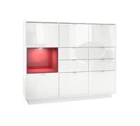 Vladon Buffet haut Armoire Metro V2 en Blanc haute brillance - façades avec une insertion en Bordeaux haute brillance