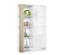 Vladon Buffet Haut Canto, Meuble Haut avec 2 Portes et 8 Compartiments, Corps Blanc Mat, façades Blanc Brillant, Panneaux décoratifs chêne Brut (95 x 151,5 x 36 cm)