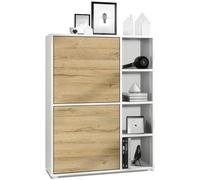 Vladon Buffet haut Cuba avec 8 compartiments, caisson en blanc mat - Façades en Chêne Nature