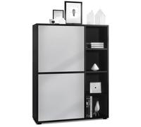 Vladon Buffet haut Cuba avec 8 compartiments, caisson en noir mat - Façades en Gris clair satiné mat