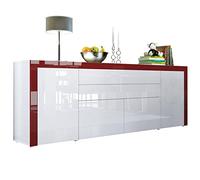 Vladon Buffet La Paz V2, Commode avec 2 Portes, 2 tiroirs, et 2 clapets, Blanc Haute Brillance/Blanc Haute Brillance/Bordeaux Haute Brillance (200 x 72 x 35 cm)