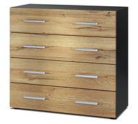 Vladon Buffet Pavos, Commode avec 4 tiroirs, Noir Mat/chêne Nature (76 x 72 x 35 cm)