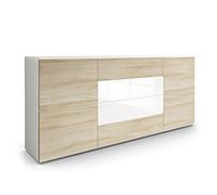 Vladon Buffet Rova, Commode avec 4 Portes et 4 tiroirs, Blanc Mat/Chêne Brut (166 x 72 x 35 cm)
