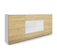 Vladon Buffet Rova, Commode avec 4 Portes et 4 tiroirs, Blanc Mat/Chêne Nature (166 x 72 x 35 cm)