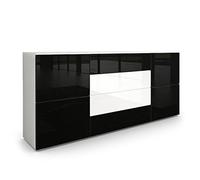 Vladon Buffet Rova, Commode avec 4 Portes et 4 tiroirs, Blanc Mat/Noir Haute Brillance (166 x 72 x 35 cm)