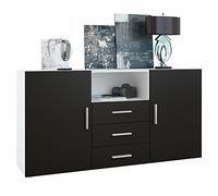 Vladon Buffet Skadu, Commode avec 2 Portes, 3 tiroirs et 1 Compartiment Ouvert, Blanc Mat/Noir Mat (138,5 x 71,5 x 35 cm)