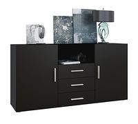 Vladon Buffet Skadu, Commode avec 2 Portes, 3 tiroirs et 1 Compartiment Ouvert, Noir Mat/Noir Mat (138,5 x 71,5 x 35 cm)