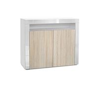 Vladon Buffet Valencia, Commode avec 2 Portes et 1 Compartiment Ouvert, Blanc Mat/chêne Brut/Blanc Haute Brillance (108 x 92 x 40 cm)