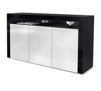 Vladon Buffet Valencia, Commode avec 3 Portes et 1 Compartiment Ouvert, Noir Mat/Blanc Haute Brillance/Noir Haute Brillance (155 x 92 x 40 cm)