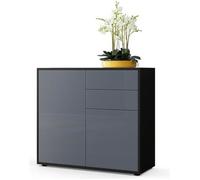 Vladon Commode Buffet Ben, Corps en Noir mat - Façades en Gris haute brillance