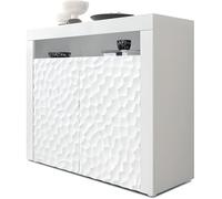 Vladon Commode Buffet Valencia, Corps en Blanc mat - Façades en Blanc haute brillance Calypso avec une structure 3D fraisée