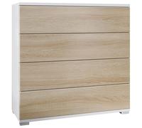 Vladon Commode Pavos V3, Buffet avec 4 tiroirs Blanc Mat/chêne Brut (76 x 76 x 35 cm)