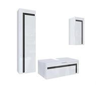 Vladon Ensemble de Meubles de Bains Aloha V2, Corps en Blanc Mat, Façades en Blanc Haute Brillance avec Un décor en Noir Haute Brillance