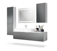Vladon Ensemble de Meubles de Bains Beach, Corps en Blanc Mat/Façades en Graphite satiné Mat avec Miroir LED, lavabo et Armature