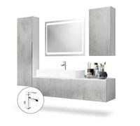 Vladon Ensemble de Meubles de Bains Beach en Blanc Mat, façades en Aspect béton oxyde-optique avec miroir LED, lavabo et armature